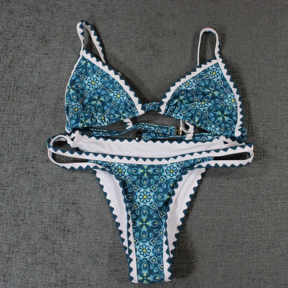Blue Floral Mandala Ric Rac Trim Triangle Bikini Set High Cut Two Piece Swimsuit